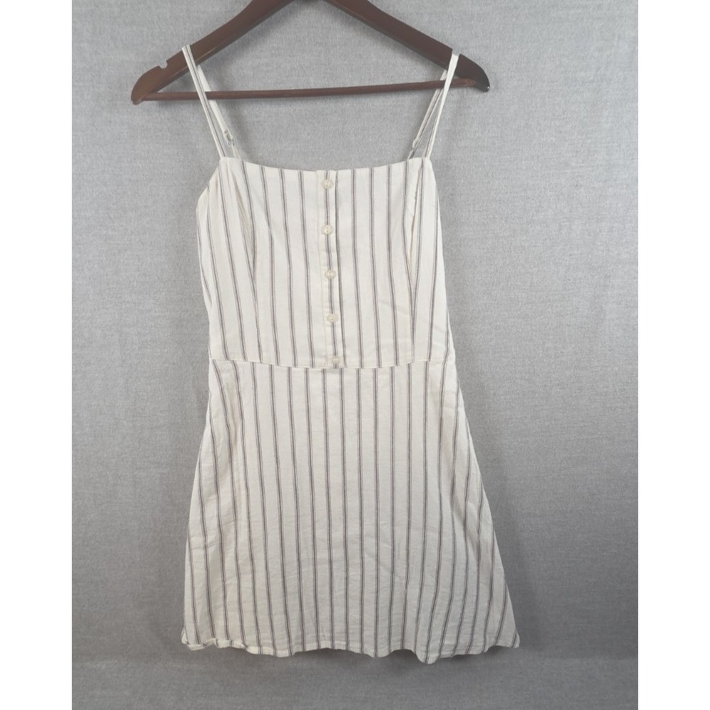 HOLLISTER L Linen Blend Lined Mini Sun Dress White Stripe Babydoll Y2K Smocked